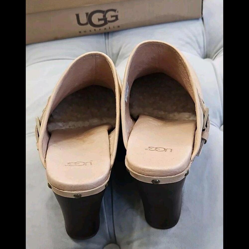 UGG Natalee Beige Leather Buckle Slip On Studded Platform Mules Womens Shoes 11 - Picture 12 of 15